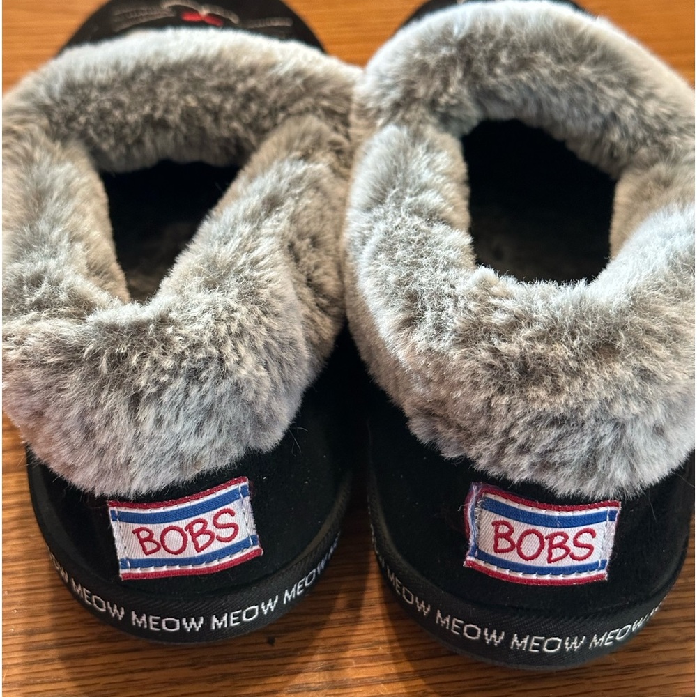 Skechers Slippers Bobs Women Memory Foam Meow Embroidered Black Cat Faux Fur 9 - Picture 3 of 7